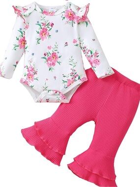 6-12m Floral White & Hot Pink Ruffle Bottoms Set